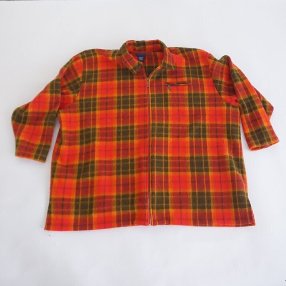 Vintage Avenue Sport Burnt Orange Green Checker Zip Up Fleece Sweater Size 30/32